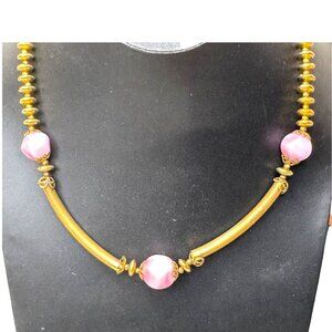 Miriam Haskell Vintage Pink & Gold Necklace 16" Beaded Detailing Signed Estate